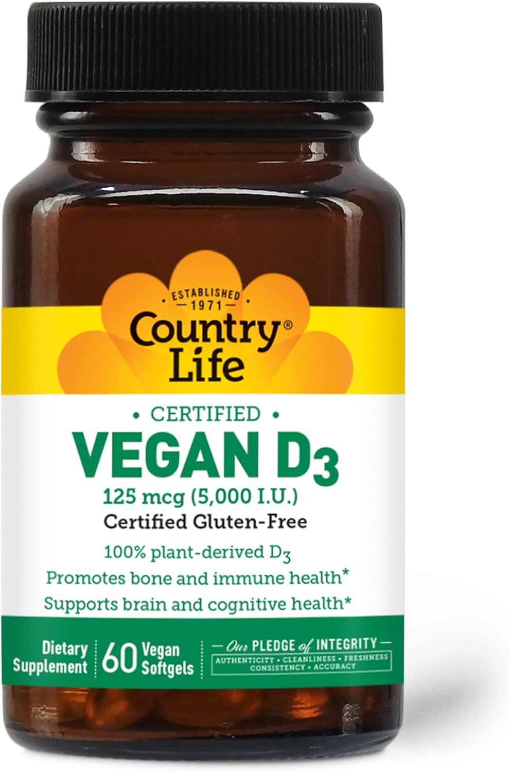 Country Life Vegan Vitamin D3 5000 IU Supplement, 60 Softgels, Gluten Free & Vegan Certified