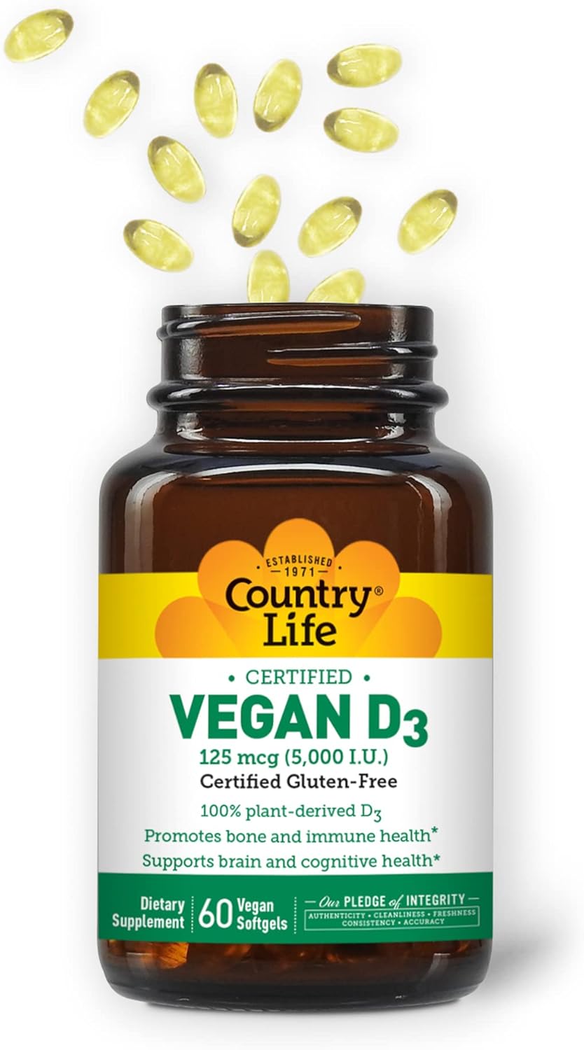 Country Life Vegan Vitamin D3 5000 IU Supplement, 60 Softgels, Gluten Free & Vegan Certified