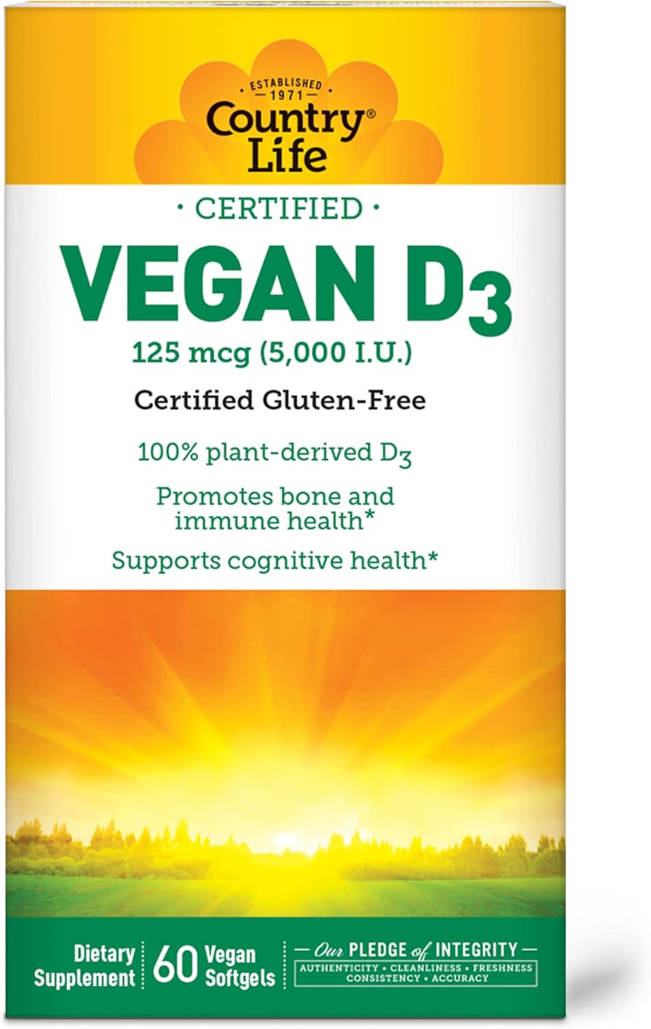Country Life Vegan Vitamin D3 5000 IU Supplement, 60 Softgels, Gluten Free & Vegan Certified