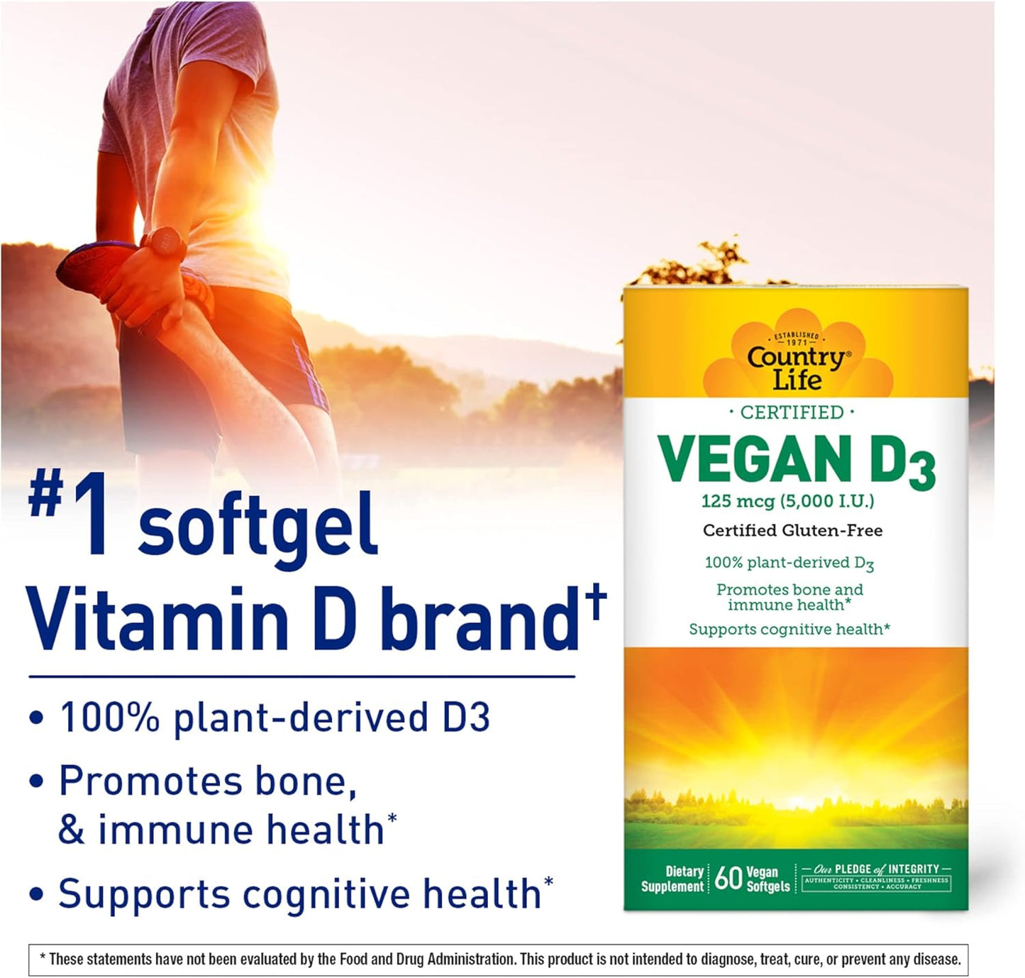 Country Life Vegan Vitamin D3 5000 IU Supplement, 60 Softgels, Gluten Free & Vegan Certified