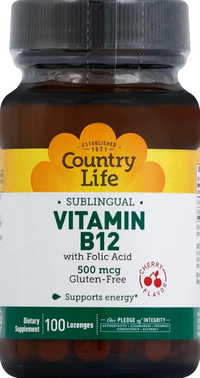 Country Life Vitamin B-12, 500 mcg with Folic Acid Sublingual Lozenges - 100 Count Bottle
