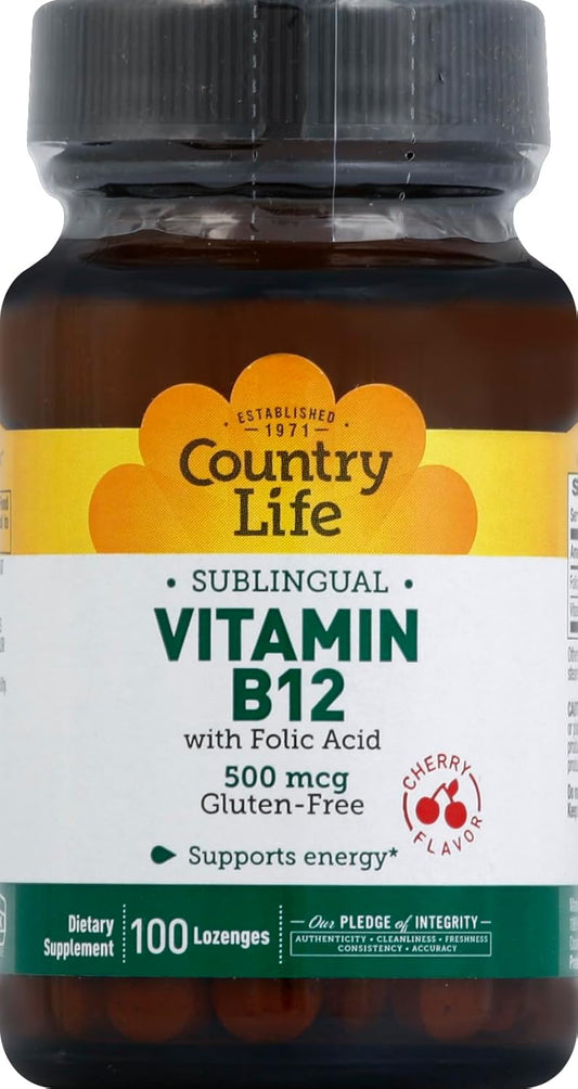 Country Life Vitamin B-12, 500 mcg with Folic Acid Sublingual Lozenges - 100 Count Bottle