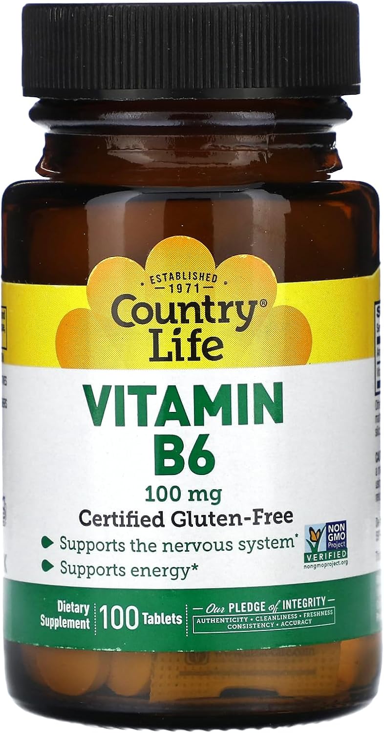 Country Life Vitamin B-6 100mg Capsules - Energy & Nervous System Support, Vegan, Gluten Free, Halal, Non-GMO - 100 Count