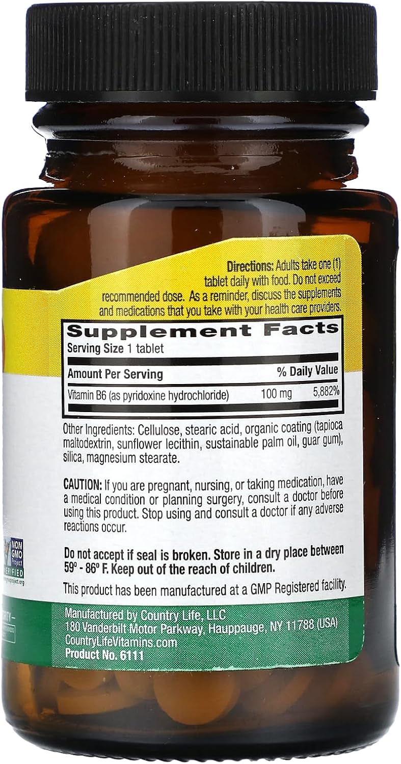 Country Life Vitamin B-6 100mg Capsules - Energy & Nervous System Support, Vegan, Gluten Free, Halal, Non-GMO - 100 Count