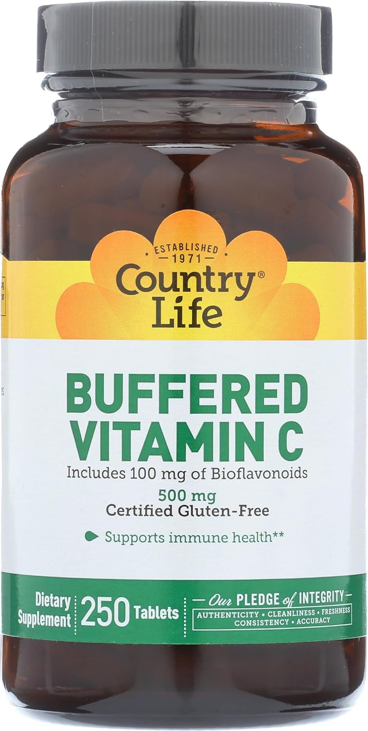 Country Life Vitamin C Buffered with Bioflavonoids - 500mg 250 Tablets, Gluten Free, Vegan Certified
