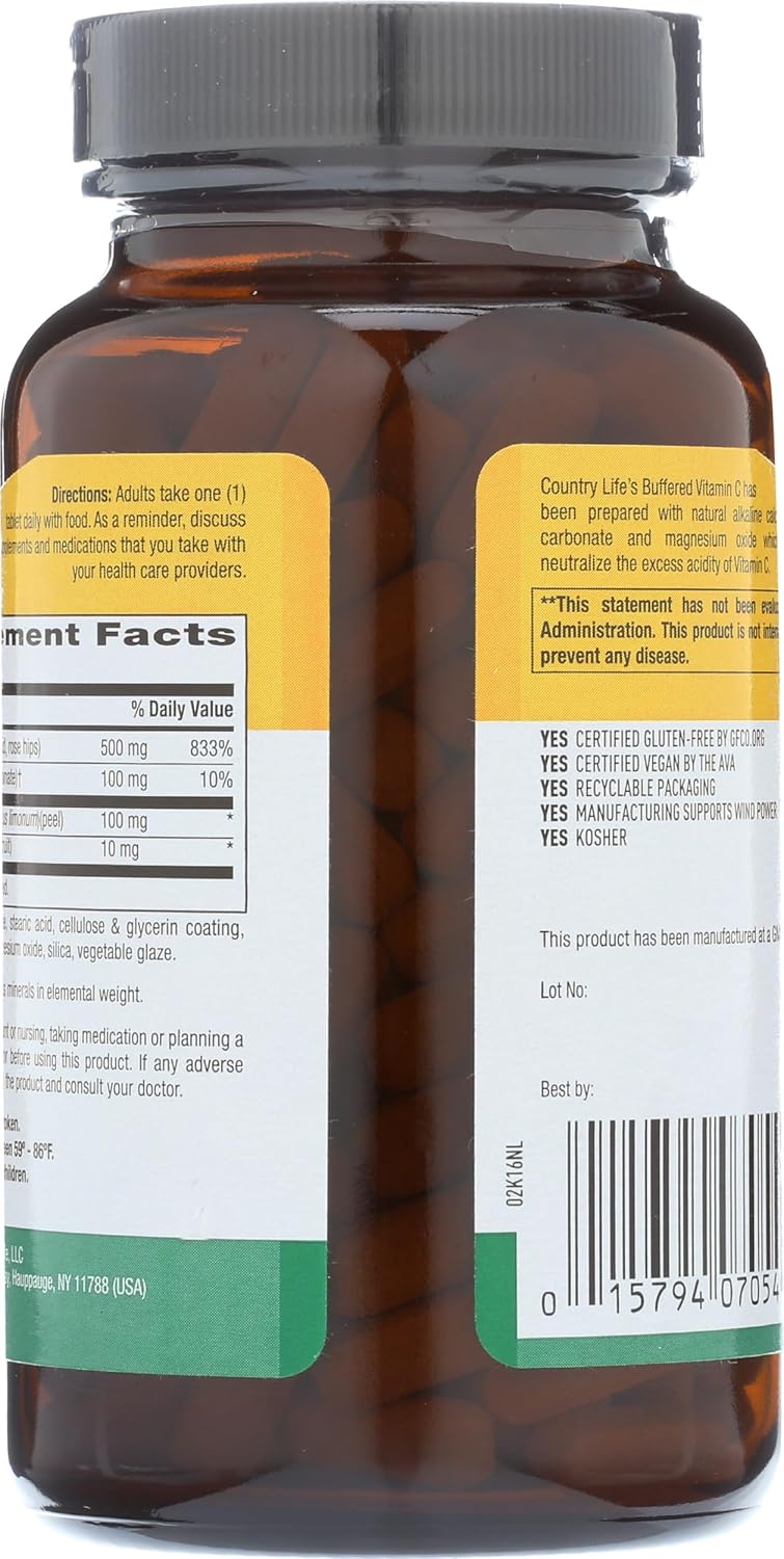 Country Life Vitamin C Buffered with Bioflavonoids - 500mg 250 Tablets, Gluten Free, Vegan Certified