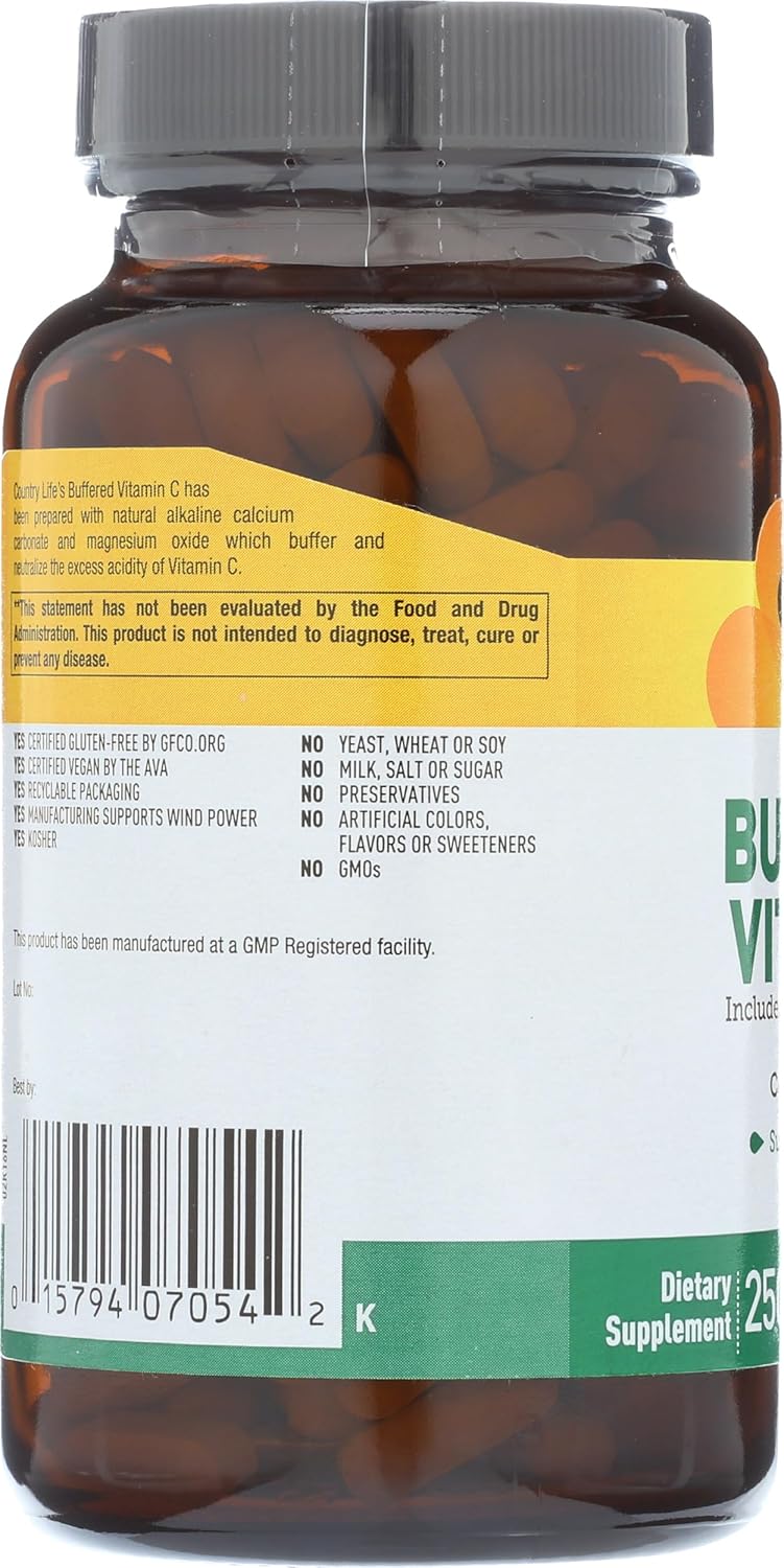 Country Life Vitamin C Buffered with Bioflavonoids - 500mg 250 Tablets, Gluten Free, Vegan Certified