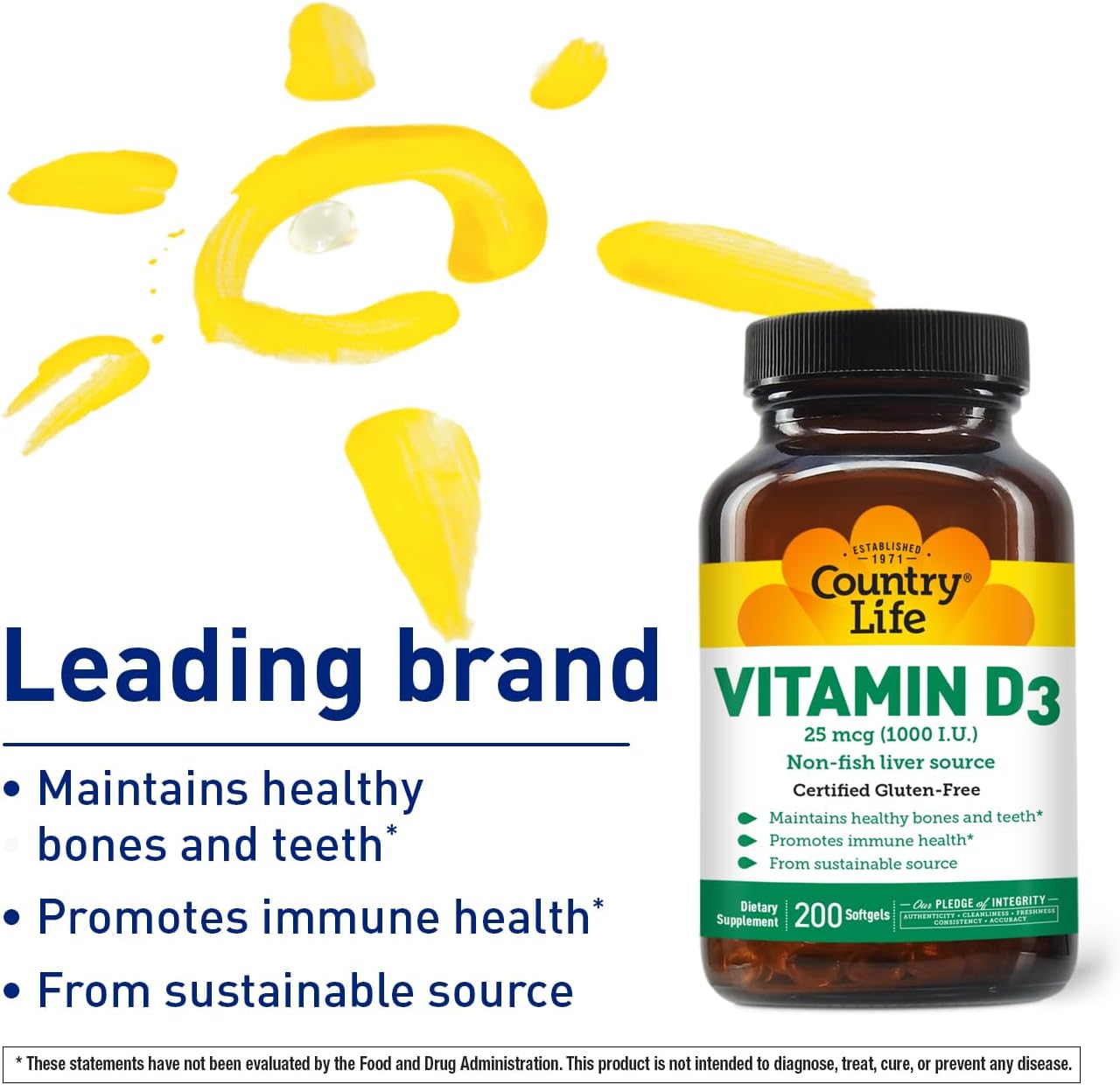Country Life Vitamin D3 1000 IU Soft Gels, Large Size, 200 sg, 200 Count Bottle - Immune Support Supplement
