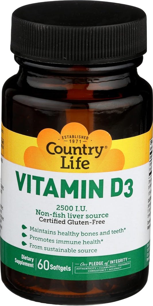 Country Life Vitamin D3 Dietary Supplement - 2500 I.U. - Gluten-Free - 60 Softgels