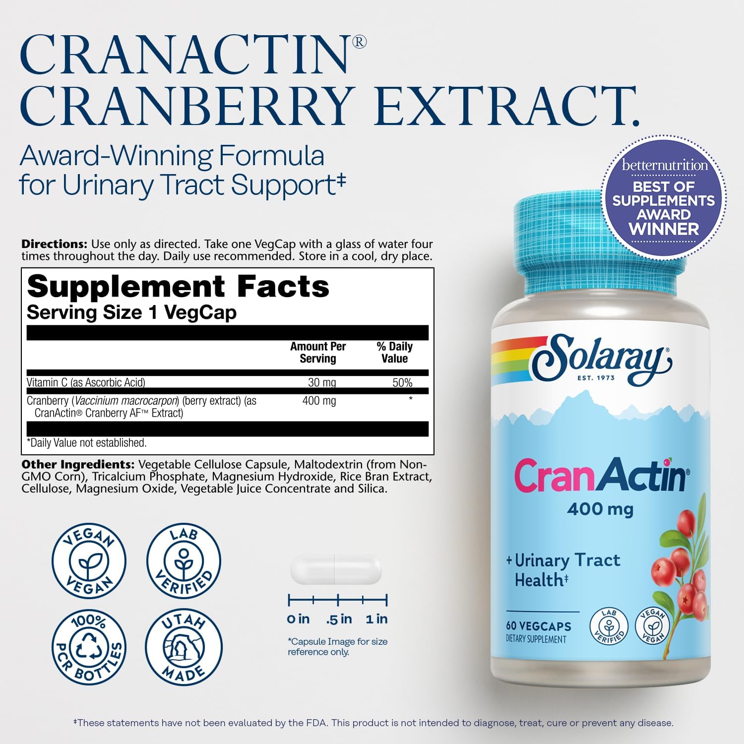 CranActin Cranberry Extract Capsules - 400mg Supplement for Bladder Health - Supports Urinary Tract with Vitamin C - Vegan, 60-Day Guarantee - 60 VegCaps
