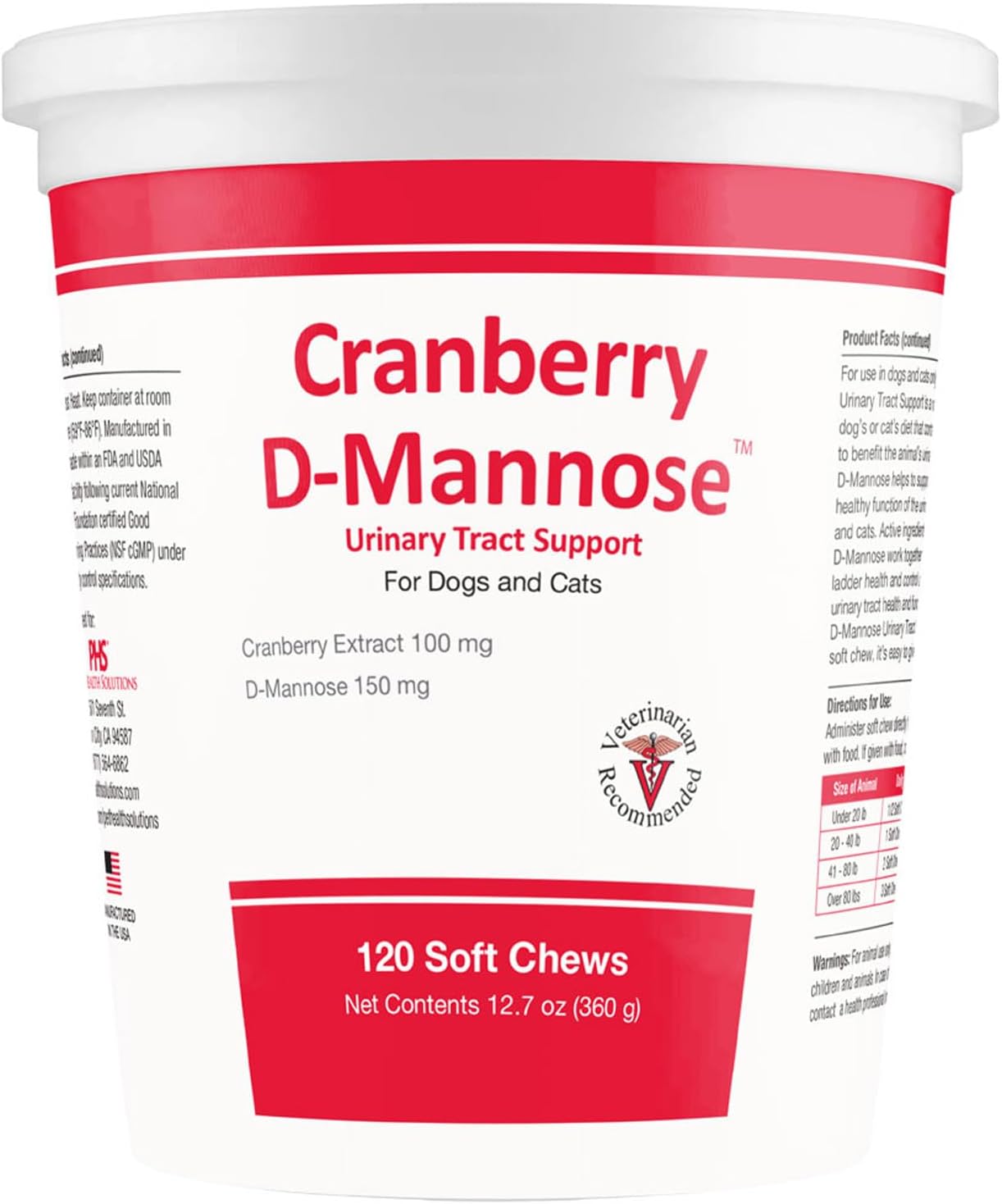 Cranberry D-Mannose Urinary Tract Support Supplement for Cats and Dogs - Bladder and UTI Treatment - 120 Soft Chews - Made in USA