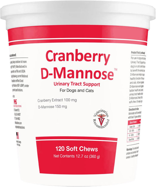Cranberry D-Mannose Urinary Tract Support Supplement for Cats and Dogs - Bladder and UTI Treatment - 120 Soft Chews - Made in USA