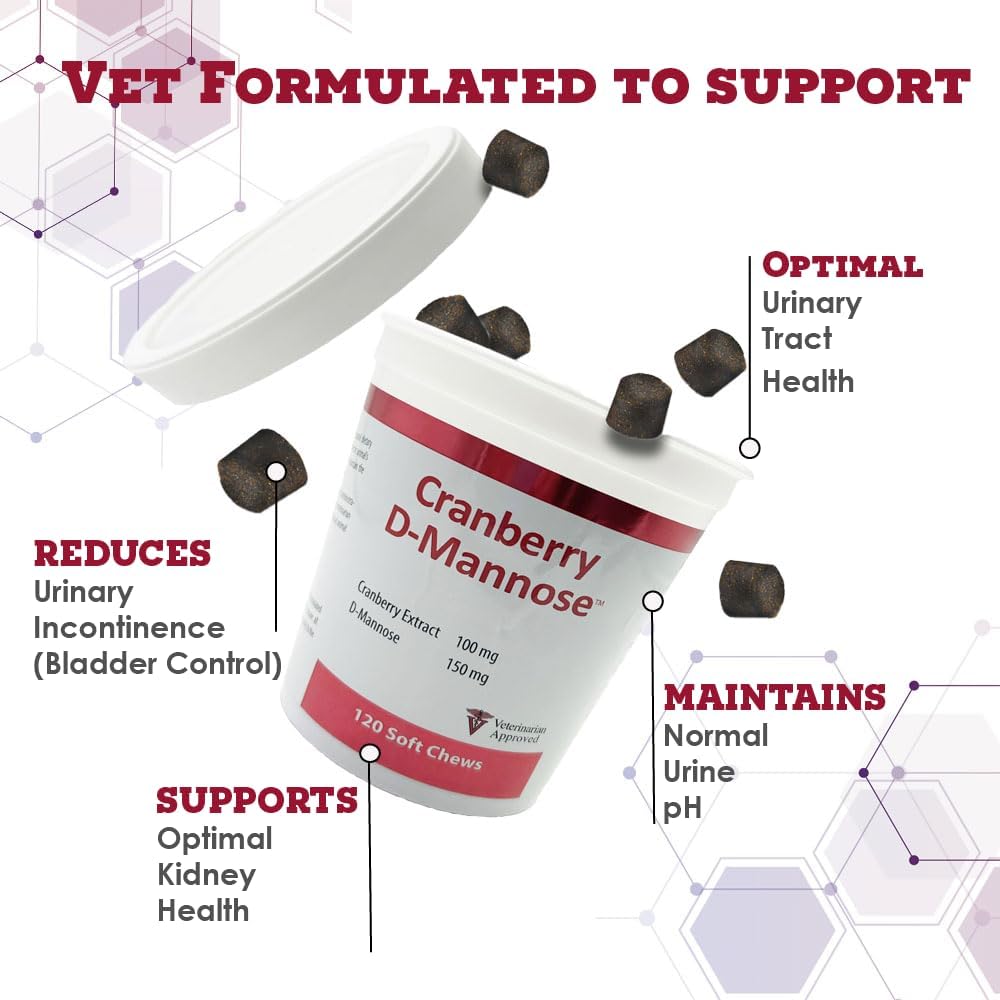 Cranberry D-Mannose Urinary Tract Support Supplement for Cats and Dogs - Bladder and UTI Treatment - 120 Soft Chews - Made in USA