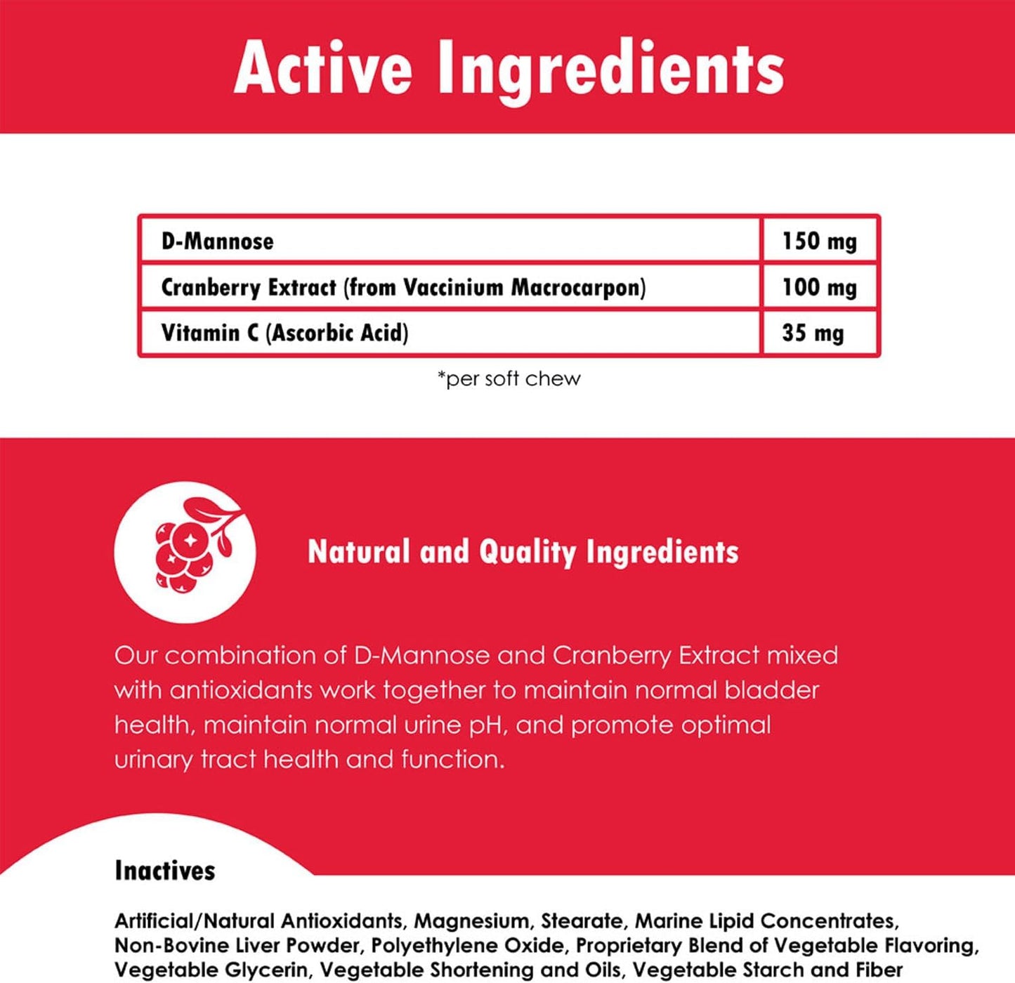 Cranberry D-Mannose Urinary Tract Support Supplement for Cats and Dogs - Bladder and UTI Treatment - 120 Soft Chews - Made in USA