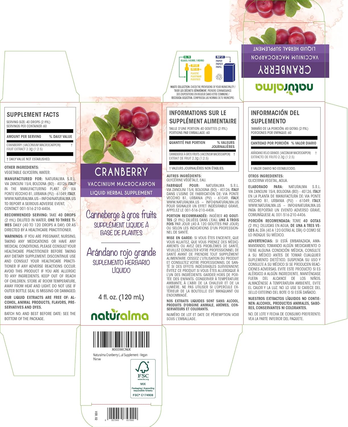 Cranberry Fruit Alcohol-Free Tincture - 4 fl oz Liquid Extract Drops - Herbal Supplement Vegan - Naturalma