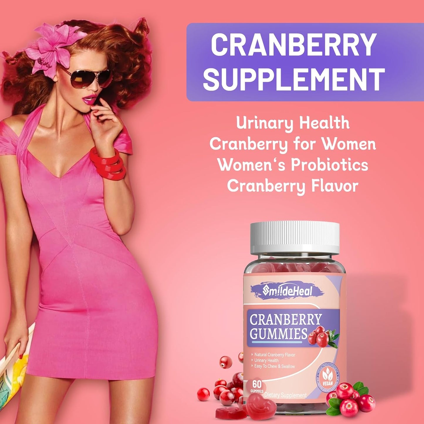 Cranberry Gummies for Women with D-Mannose 250mg, Probiotic Gummies for Urinary Tract Health, 1000mg Cranberry Supplements, Non-GMO - 60 Count