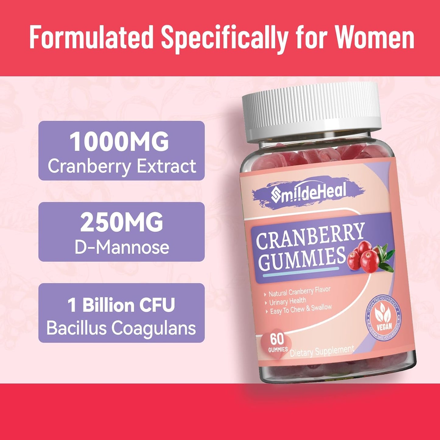 Cranberry Gummies for Women with D-Mannose 250mg, Probiotic Gummies for Urinary Tract Health, 1000mg Cranberry Supplements, Non-GMO - 60 Count