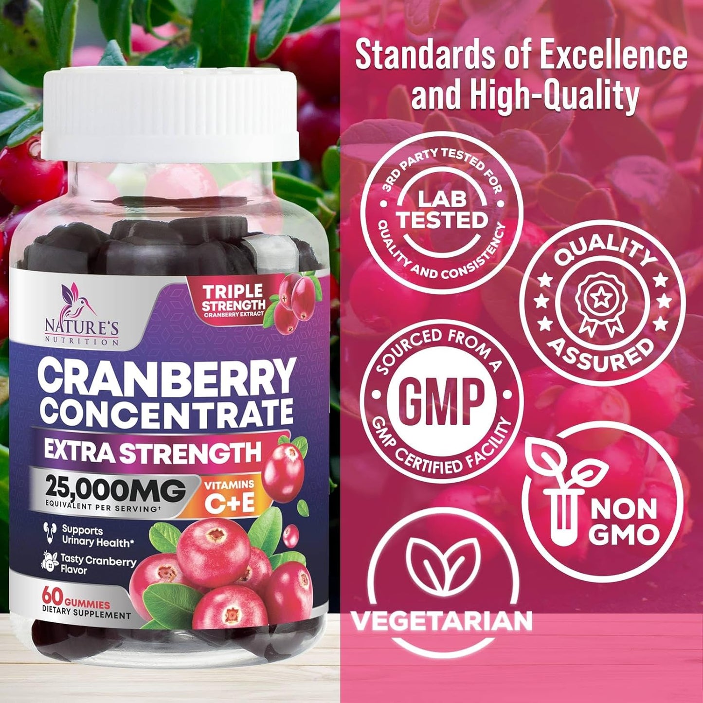 Cranberry Gummies with Vitamin C - 25,000mg Extract for Urinary Tract Health - 60 Non-GMO Chewable Pills for Women by Nature's Nutrition - BoostGo Australia