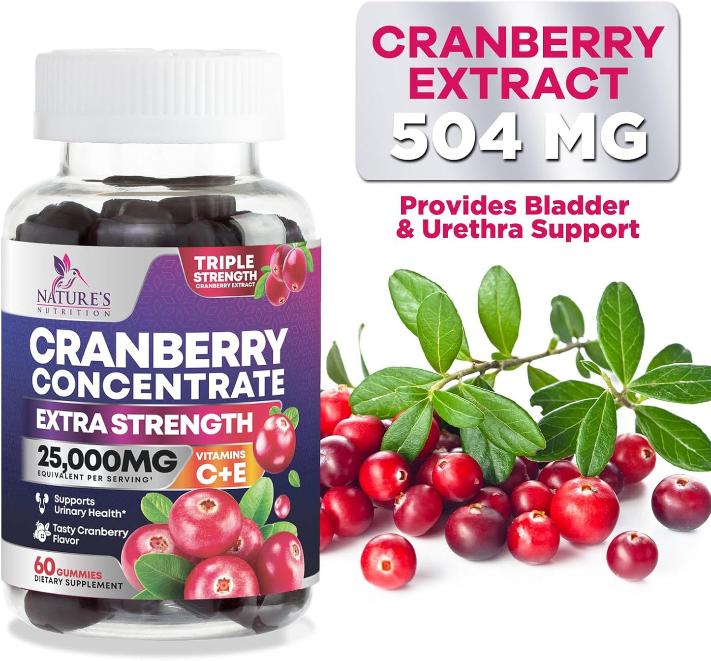 Cranberry Gummies with Vitamin C - 25,000mg Extract for Urinary Tract Health - 60 Non-GMO Chewable Pills for Women by Nature's Nutrition - BoostGo Australia