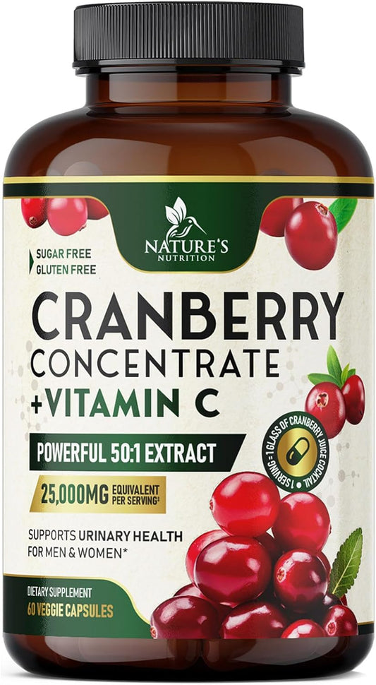 Cranberry Pills with Vitamin C - 25,000mg Formula for Urinary Tract Health - Gluten Free Supplements for Women & Men - 60 Capsules