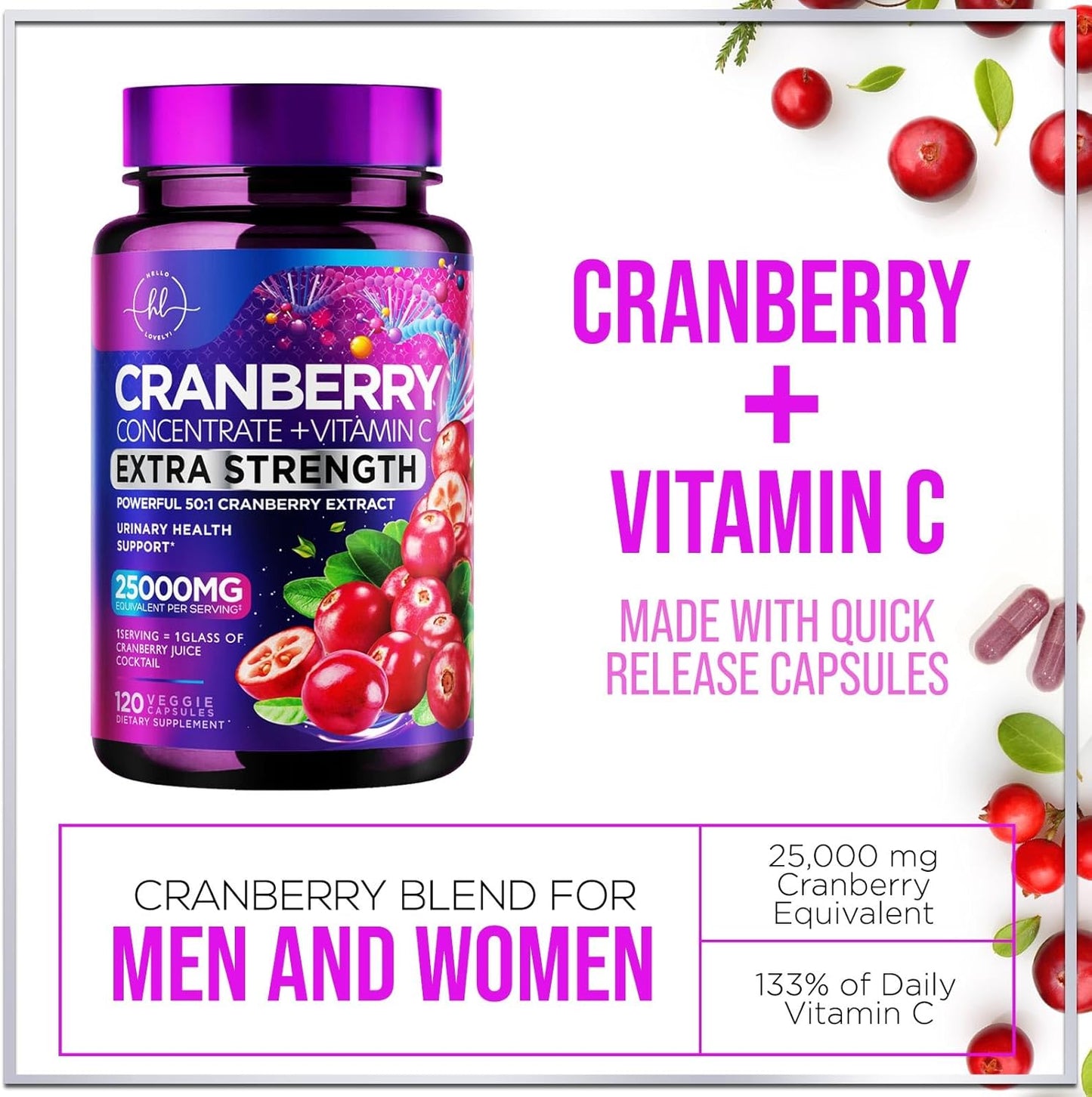 Cranberry Pills with Vitamin C - 25,000mg Formula for UTI Support - 120 Capsules, Non-GMO & Sugar-Free
