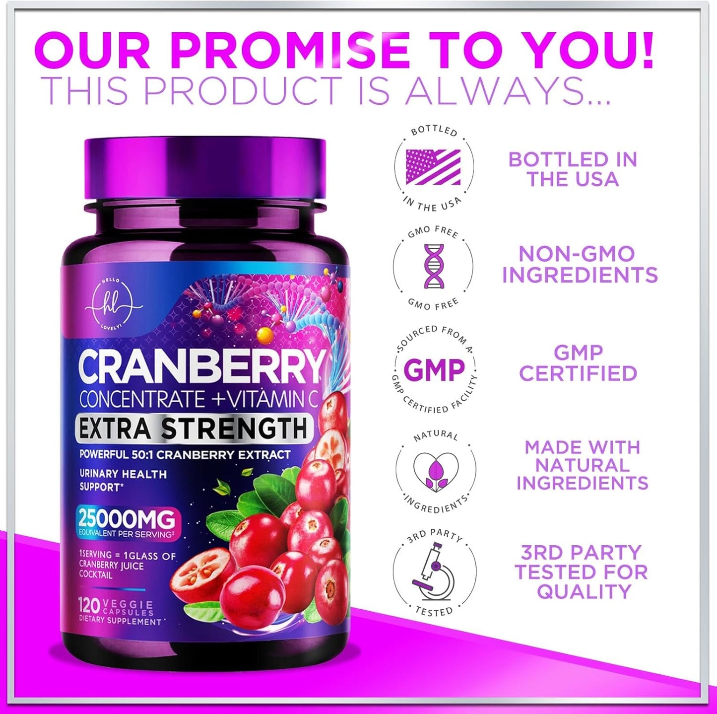 Cranberry Pills with Vitamin C - 25,000mg Formula for UTI Support - 120 Capsules, Non-GMO & Sugar-Free