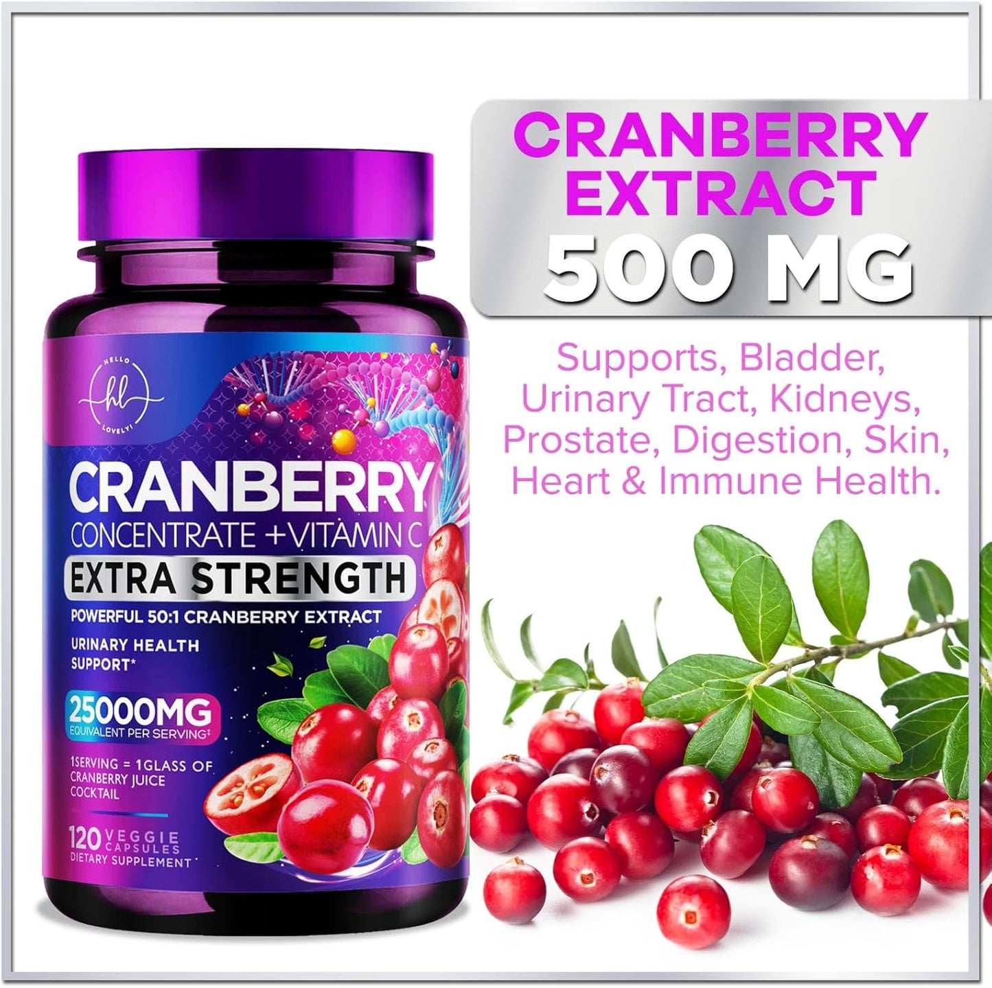 Cranberry Pills with Vitamin C - 25,000mg Formula for UTI Support - 120 Capsules, Non-GMO & Sugar-Free