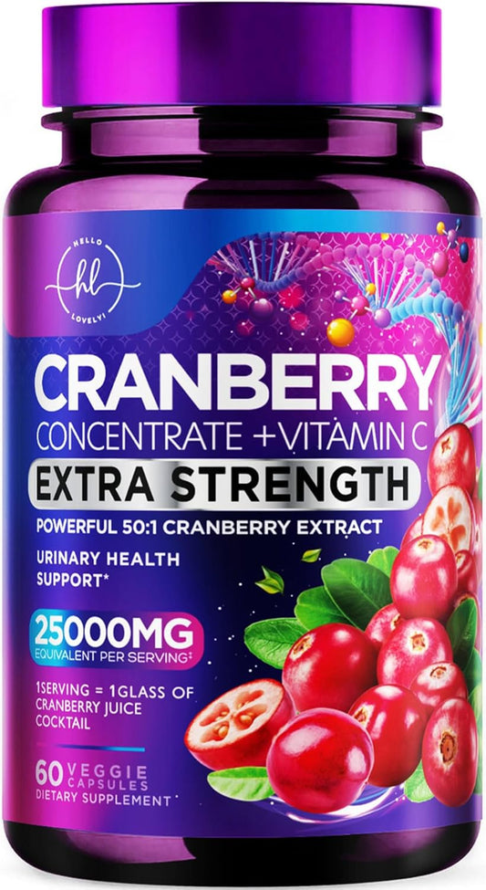 Cranberry Pills with Vitamin C (25,000mg), Whole Fruit Extract, Urinary Tract Support, Sugar-Free, Non-GMO - 60 Capsules for Women & Men