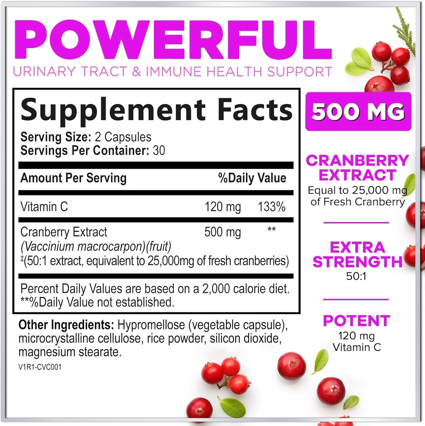 Cranberry Pills with Vitamin C (25,000mg), Whole Fruit Extract, Urinary Tract Support, Sugar-Free, Non-GMO - 60 Capsules for Women & Men