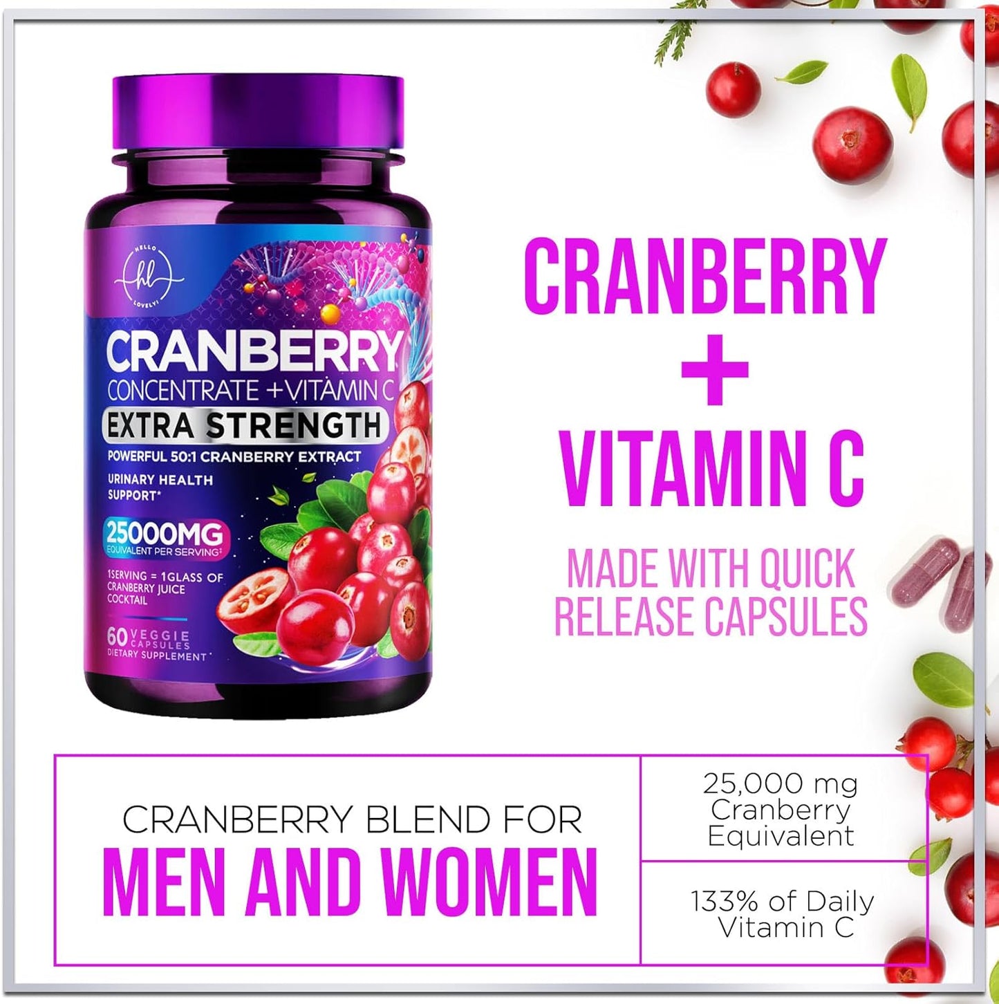Cranberry Pills with Vitamin C (25,000mg), Whole Fruit Extract, Urinary Tract Support, Sugar-Free, Non-GMO - 60 Capsules for Women & Men