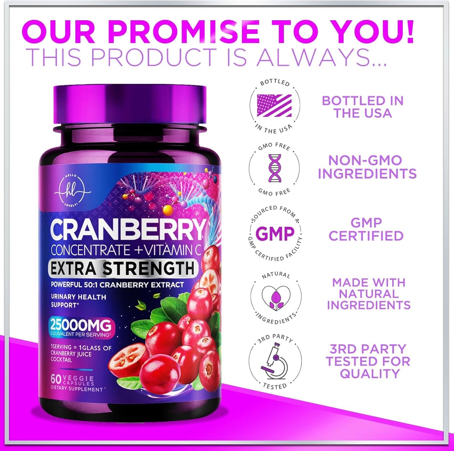 Cranberry Pills with Vitamin C (25,000mg), Whole Fruit Extract, Urinary Tract Support, Sugar-Free, Non-GMO - 60 Capsules for Women & Men