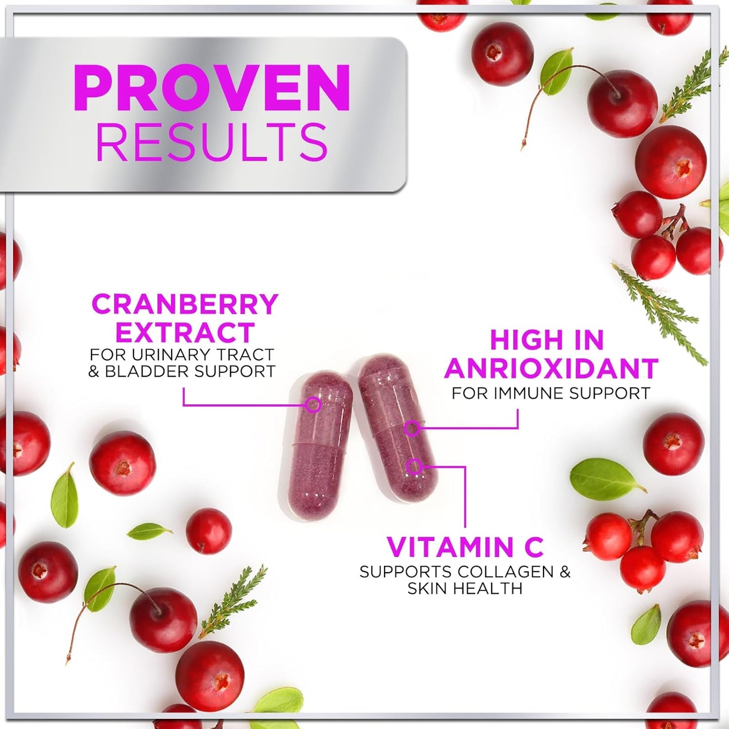 Cranberry Pills with Vitamin C (25,000mg), Whole Fruit Extract, Urinary Tract Support, Sugar-Free, Non-GMO - 60 Capsules for Women & Men