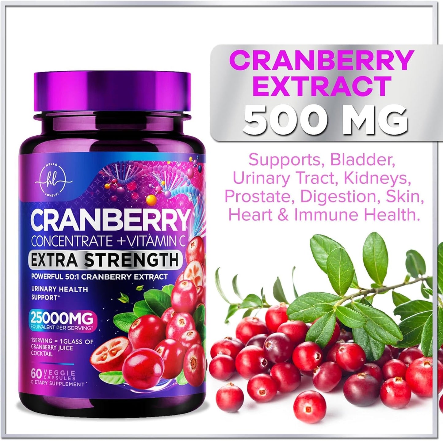 Cranberry Pills with Vitamin C (25,000mg), Whole Fruit Extract, Urinary Tract Support, Sugar-Free, Non-GMO - 60 Capsules for Women & Men