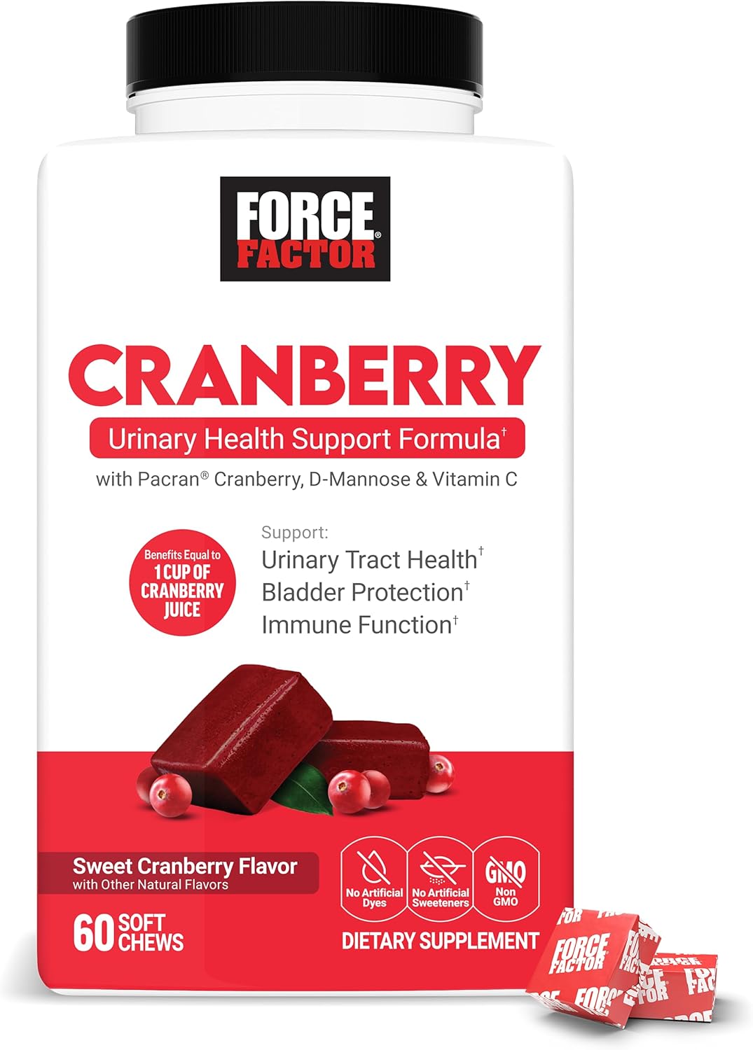 Cranberry Soft Chews with D Mannose and Extract for Women's Bladder Health, Vegan, Sweet Flavor - 60 Chews