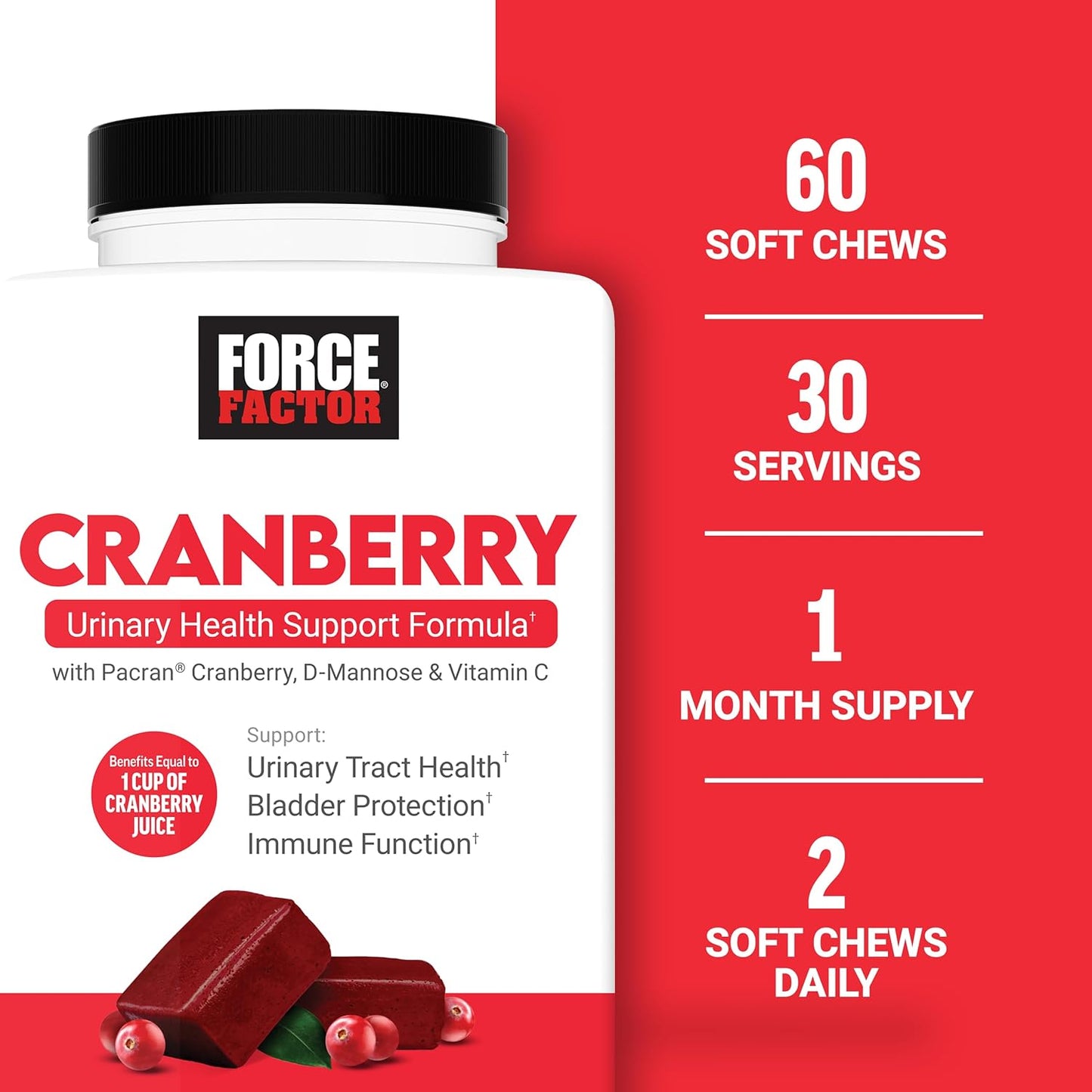 Cranberry Soft Chews with D Mannose and Extract for Women's Bladder Health, Vegan, Sweet Flavor - 60 Chews