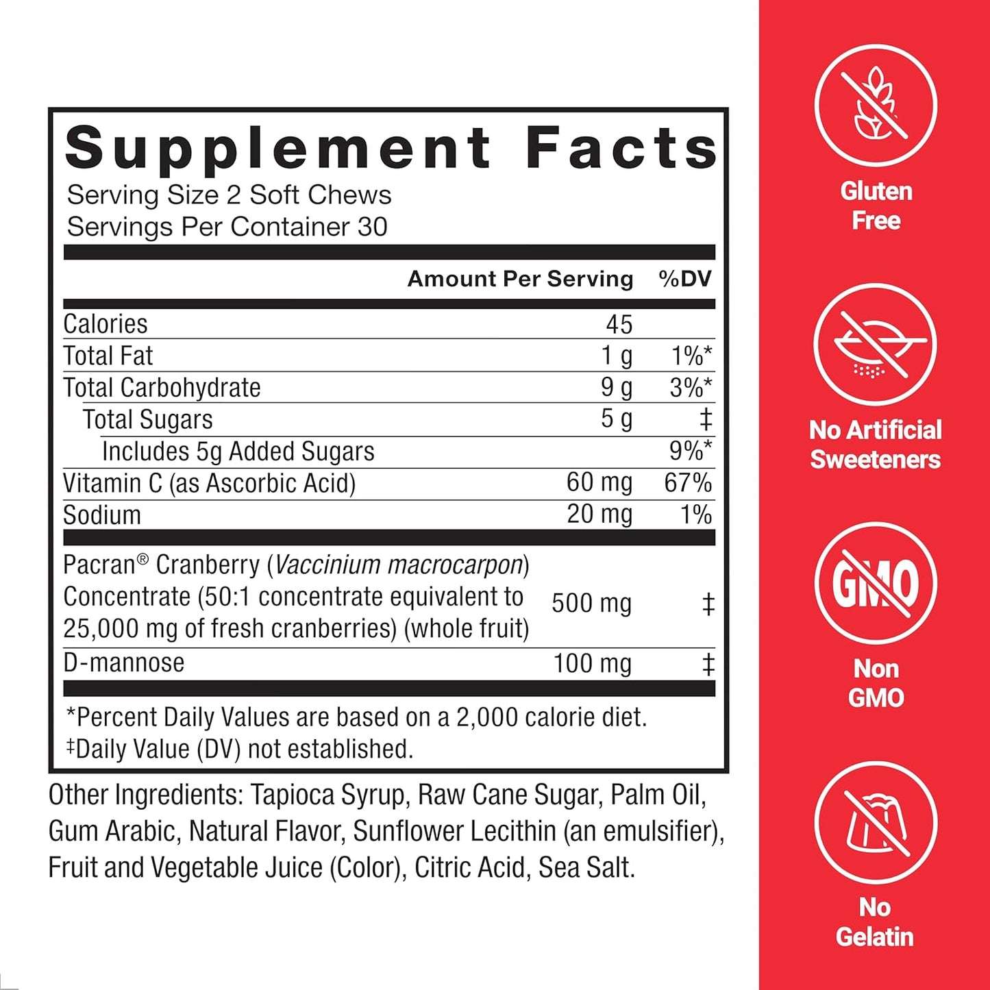 Cranberry Soft Chews with D Mannose and Extract for Women's Bladder Health, Vegan, Sweet Flavor - 60 Chews