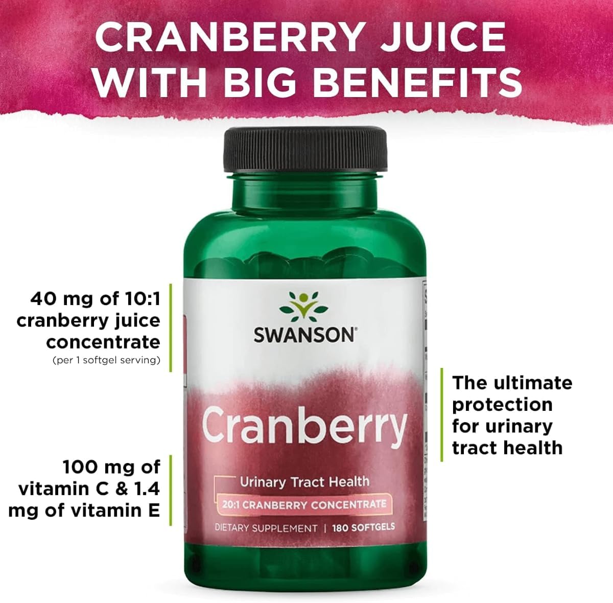 Cranberry Supplement for Urinary Tract Health & Kidney Function - 20:1 Concentrate - 180 Softgels