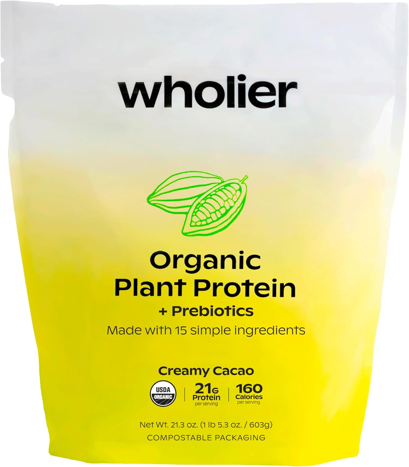 Creamy Cacao Organic Plant Protein with Prebiotics - 21g Vegan Protein, 5g Fiber - Psyllium Husk & Green Banana for Digestion - No Flavors or Fillers