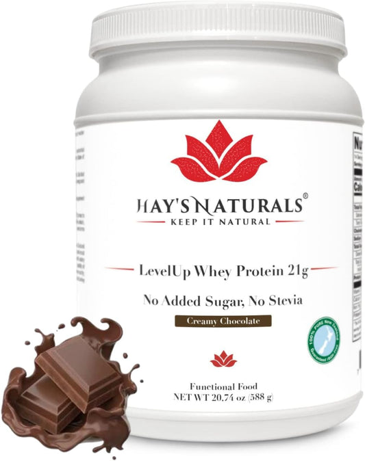 Creamy Chocolate Flavor Whey Protein Powder with 21g Protein - Hay's Naturals LevelUp for Muscle Building and Recovery, No Added Sugar