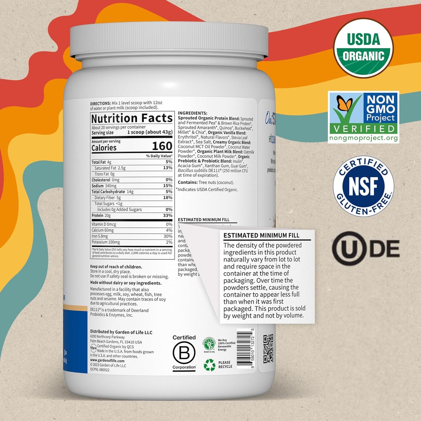 Creamy Vanilla Cookie Protein Powder with Oatmilk - 20g Organic Plant Based Protein, Coconut Water, MCTs, Sprouted Grains, Prebiotics, Probiotics - Non-GMO, Gluten-Free - 1.90 LB