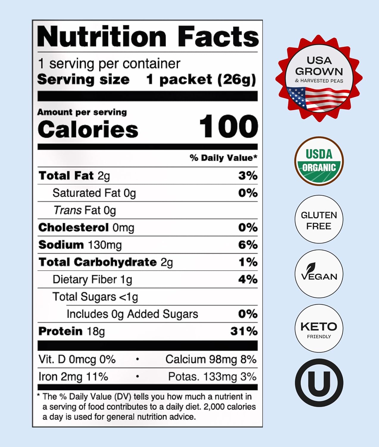 Creamy Vanilla NUFYX® Heavenly Protein® Powder: 100% Organic American Peas, Vegan, Gluten Free, Low Carb Packet