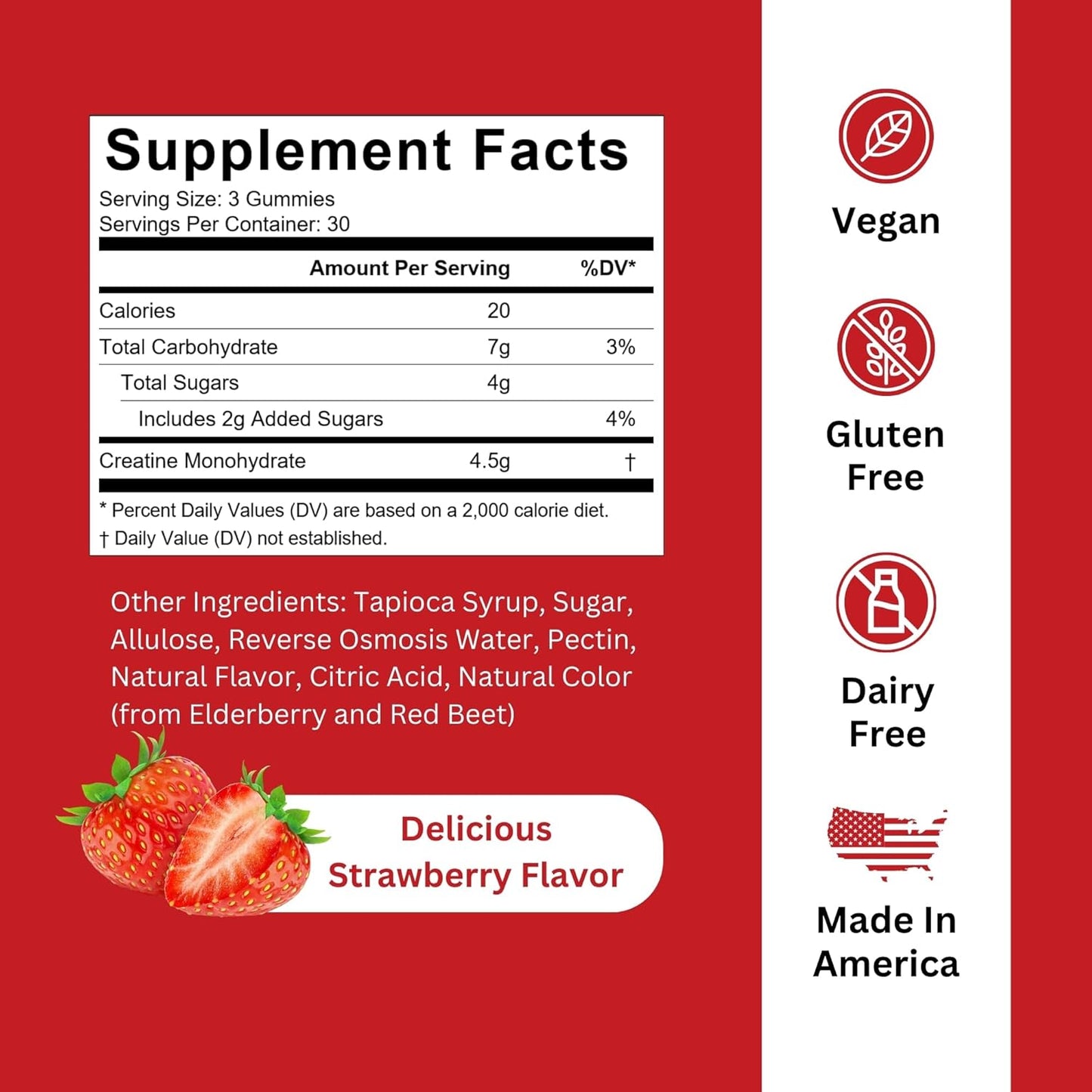 Creatine Monohydrate Gummies - 1.5g Creatine Per Gummy - Muscle Building & Recovery - Strawberry Flavor - 90ct