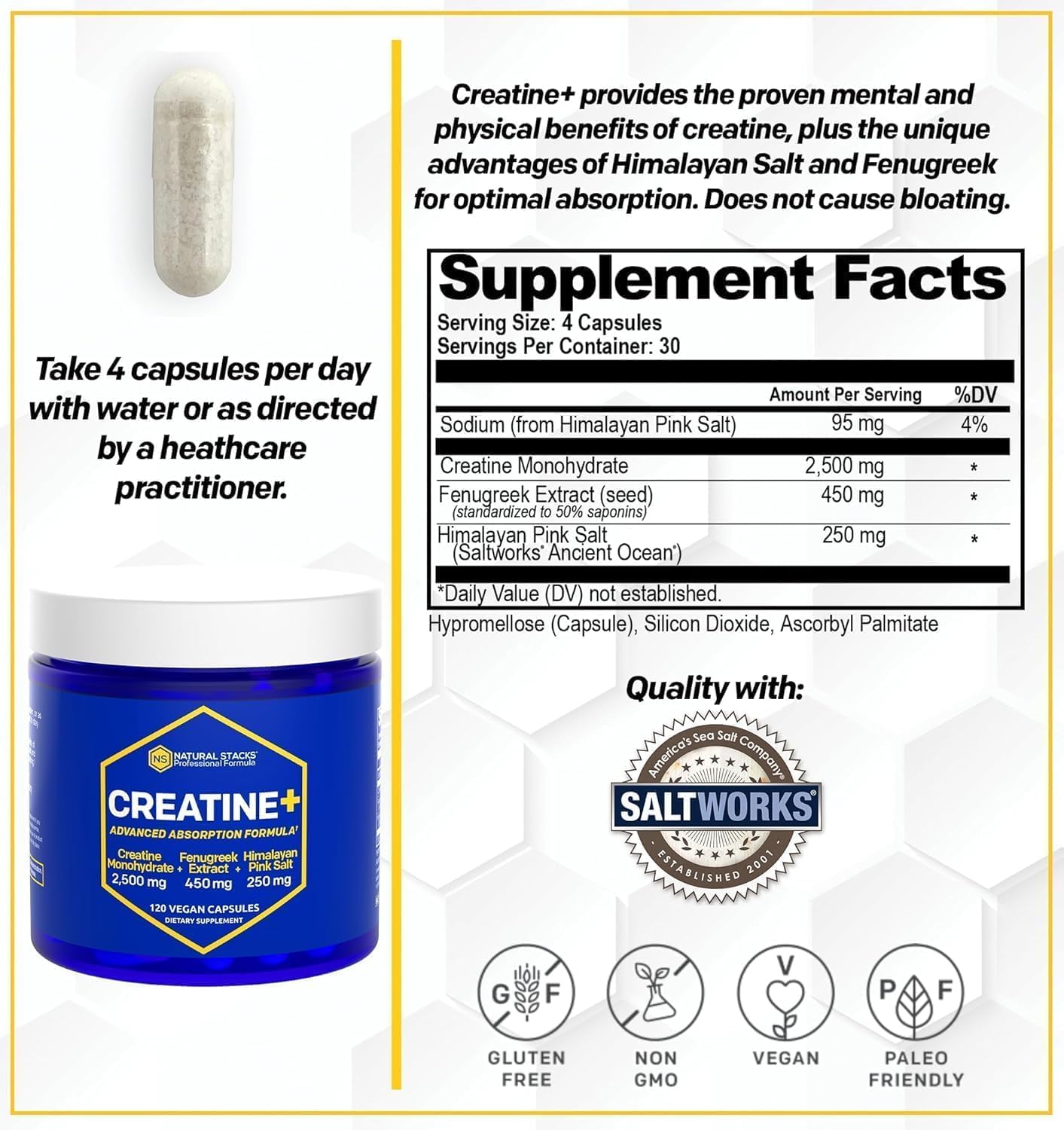 Creatine Monohydrate Pills with Fenugreek Extract & Himalayan Pink Salt for Brain Health, Endurance, & Muscle Building - 120 Capsules