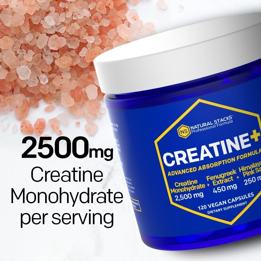 Creatine Monohydrate Pills with Fenugreek Extract & Himalayan Pink Salt for Brain Health, Endurance, & Muscle Building - 120 Capsules