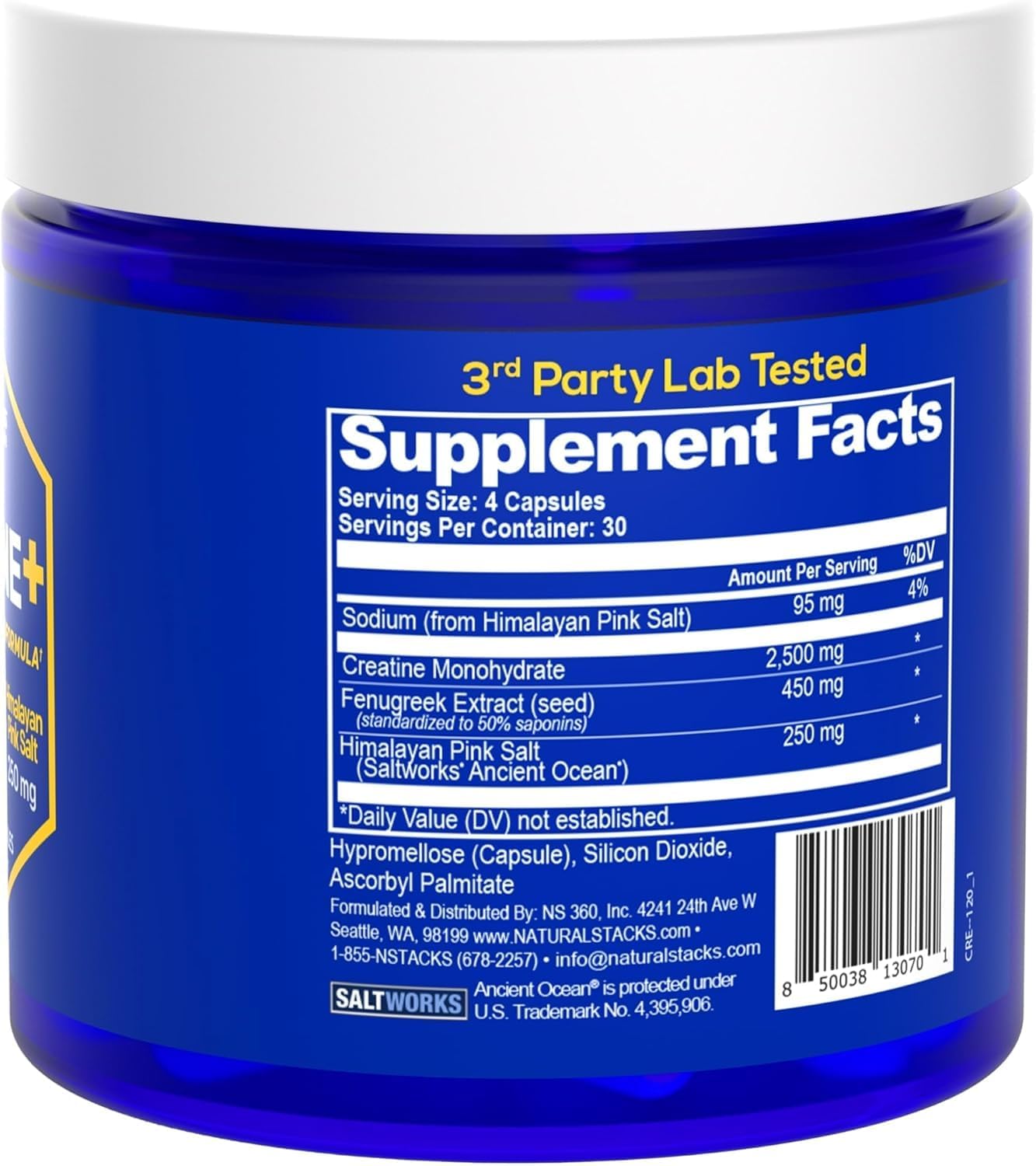 Creatine Monohydrate Pills with Fenugreek Extract & Himalayan Pink Salt for Brain Health, Endurance, & Muscle Building - 120 Capsules