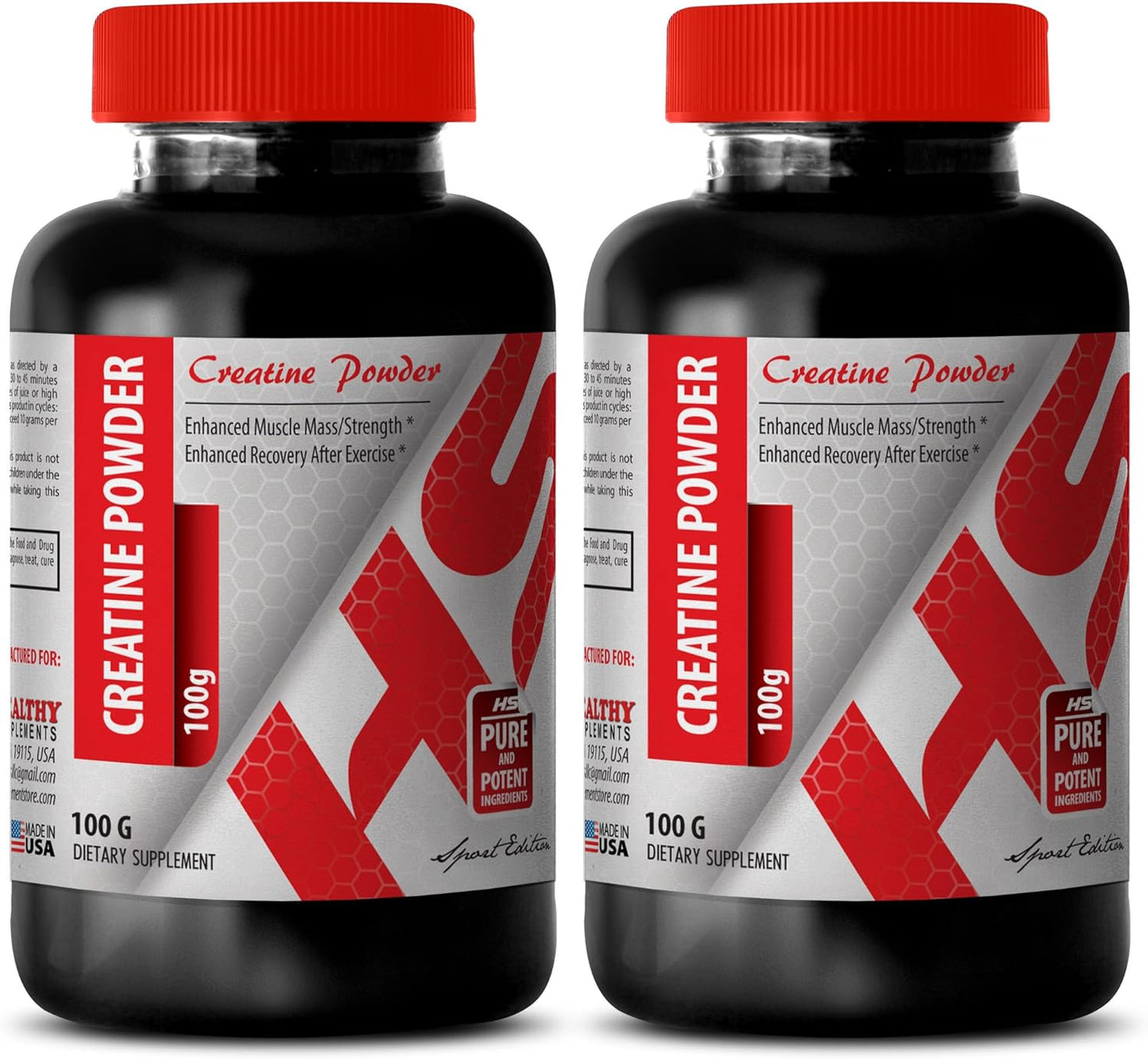 CREATINE Powder 100G - Build Muscle Supplement - 2 Bottle Pack by Healthy Supplements LLC