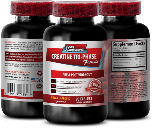 Creatine Tri Phase Sport Supplement for Energy Production - 90 Tablets - Men and Women - Monohydrate Pills & Powder - Alphaketoglutarate & Pyruvate