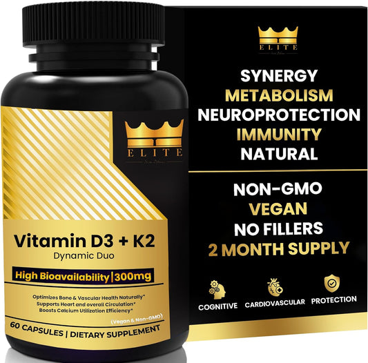 Crown Elite Premium Vitamin D3 & K2 Supplement 5000 IU & 100 mcg | Heart & Immune Support Vegan Capsules | Non-GMO, Organic