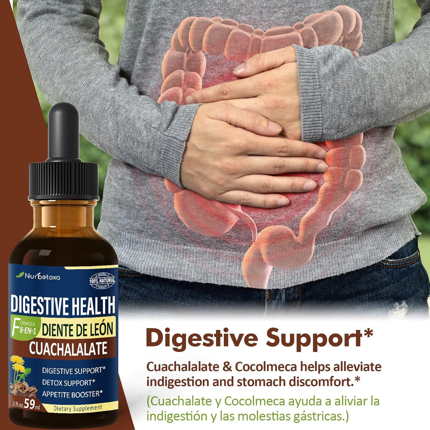 Cuachalalate & Corteza de Cocolmeca Digestive Health Drops - Gut Support Supplement with Cinnamon & Dandelion Extract Liquid - Bloating Relief & Detox Cleanse - 2oz