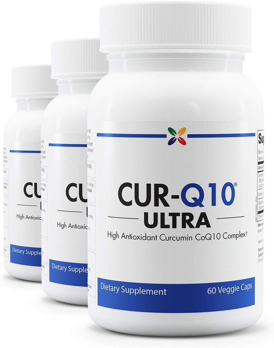 CUR-Q10 Ultra Complex: Turmeric & CoQ10 Supplement for Brain, Heart, and Joint Health - Antioxidants, Mood Support - 180 Vcaps (3 Pack)